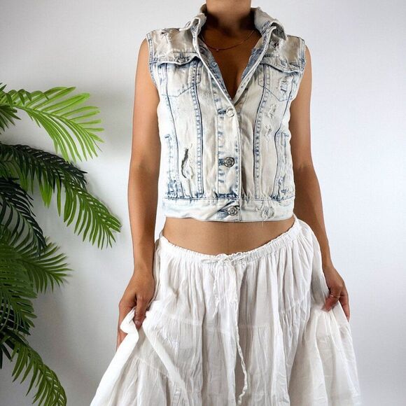 Vintage Y2K Indie Grunge Light Wash Denim Distressed Bleached Jean Vest / Sz: S - Picture 4 of 5